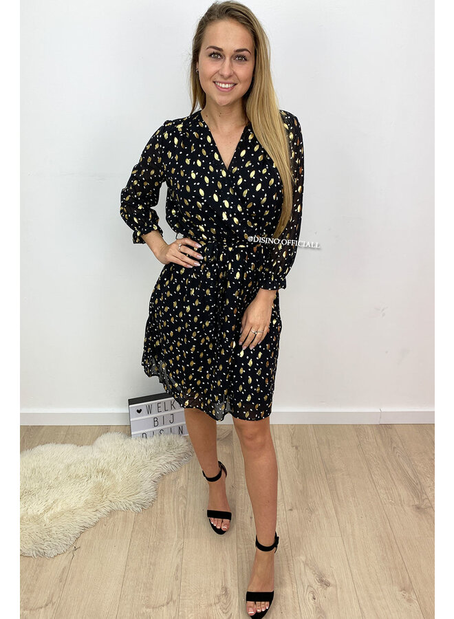 BLACK - 'JOLLY' - GOLD BRUSH DOTTED DRESS