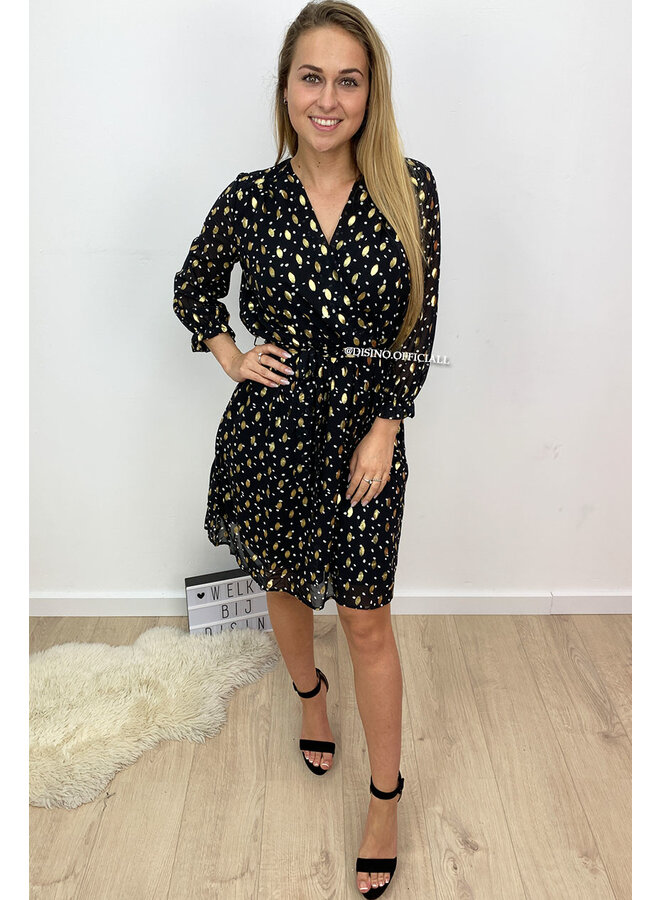 BLACK - 'JOLLY' - GOLD BRUSH DOTTED DRESS