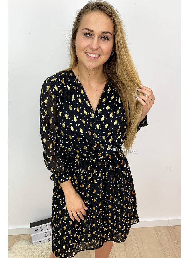 BLACK - 'JOLLY' - GOLD BRUSH DOTTED DRESS