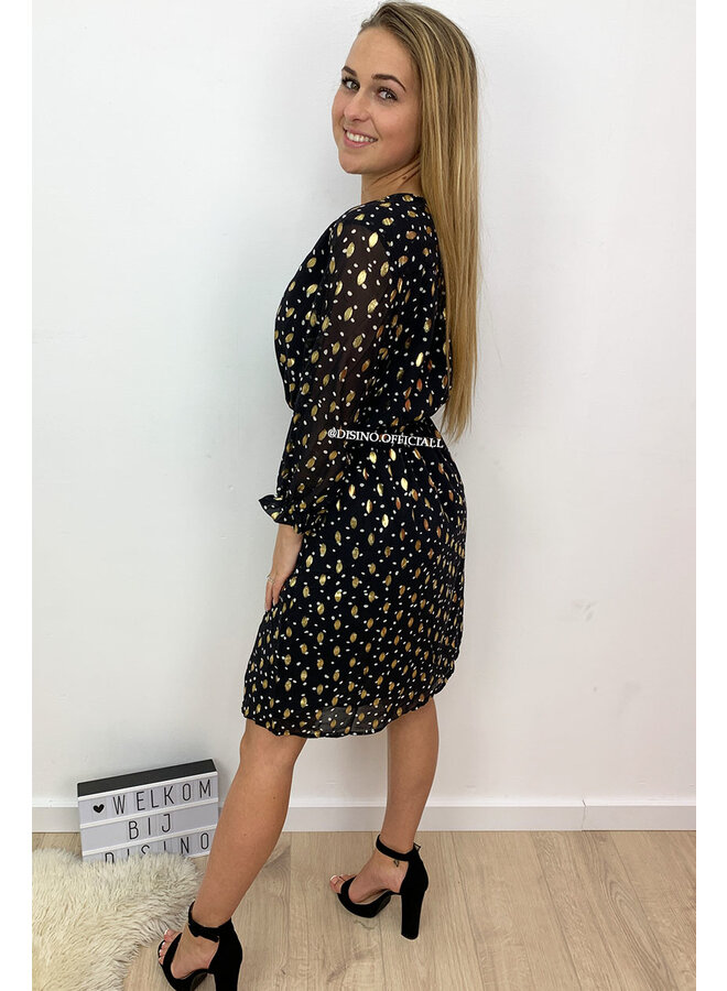 BLACK - 'JOLLY' - GOLD BRUSH DOTTED DRESS