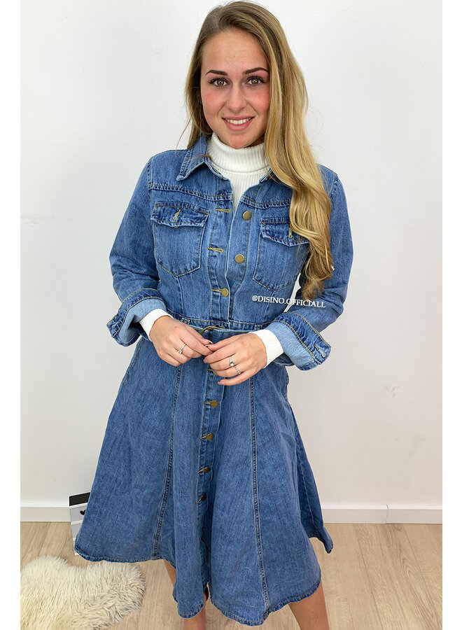 MEDIUM BLUE - 'JAZZ' - REAL DENIM A-LINE MAXI DRESS