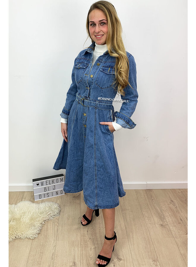 MEDIUM BLUE - 'JAZZ' - REAL DENIM A-LINE MAXI DRESS