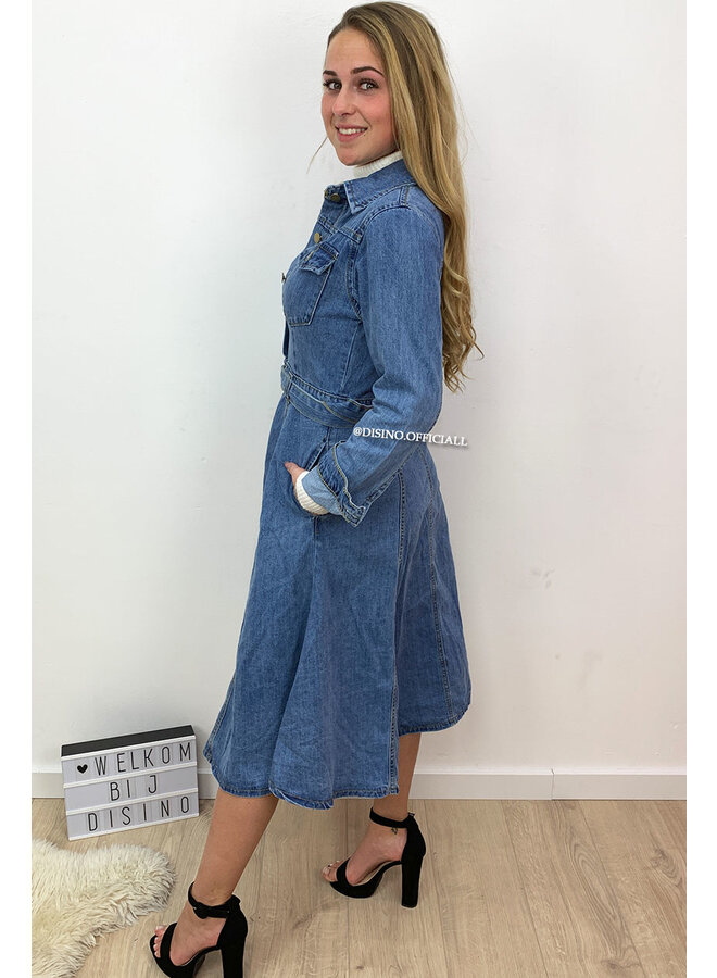 MEDIUM BLUE - 'JAZZ' - REAL DENIM A-LINE MAXI DRESS