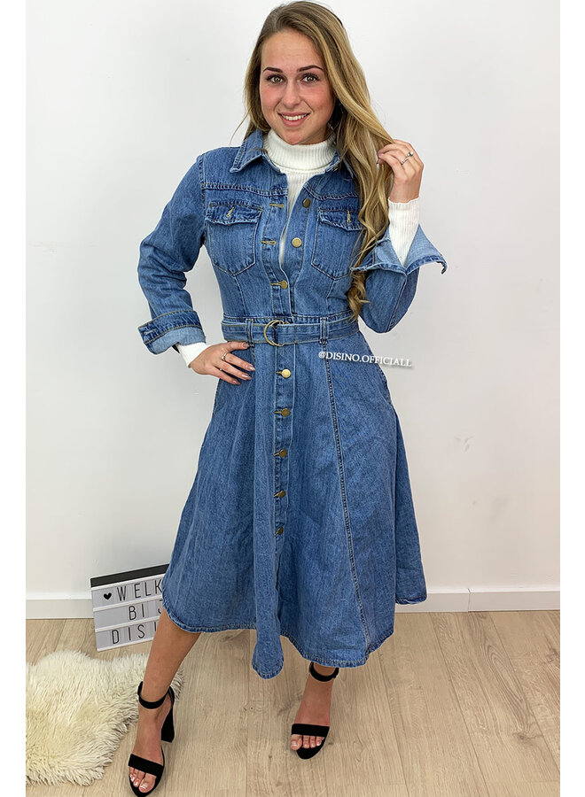 MEDIUM BLUE - 'JAZZ' - REAL DENIM A-LINE MAXI DRESS