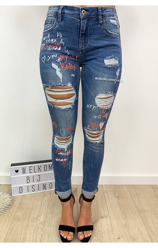 QUEEN HEARTS JEANS - MEDIUM BLUE - HIGH WAIST ORANGE GRAFFITI JEANS - 656 QUEEN HEARTS JEANS - MEDIUM BLUE - HIGH WAIST ORANGE GRAFFITI JEANS - 656