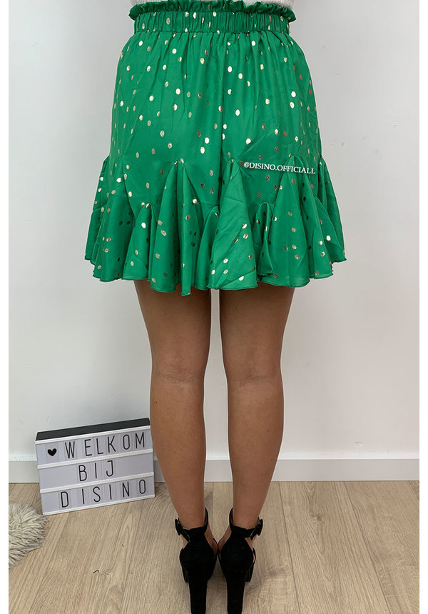 GREEN - ‘MEGHAN’ - GOLD DOTS RUFFLE SKIRT