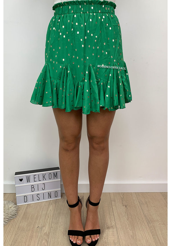 GREEN - ‘MEGHAN’ - GOLD DOTS RUFFLE SKIRT