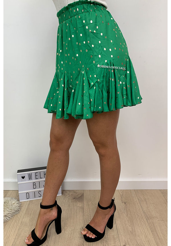 GREEN - ‘MEGHAN’ - GOLD DOTS RUFFLE SKIRT