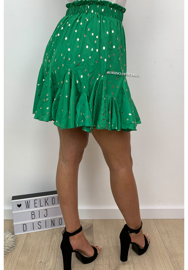 GREEN - ‘MEGHAN’ - GOLD DOTS RUFFLE SKIRT