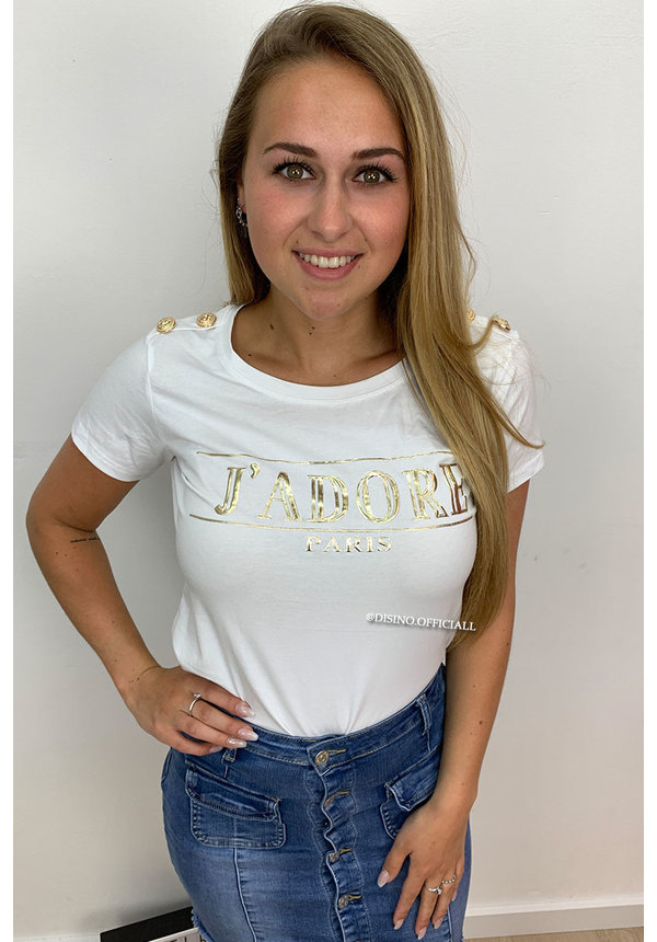 WHITE - 'GOLD JADORE' - GOLD BUTTON TEE