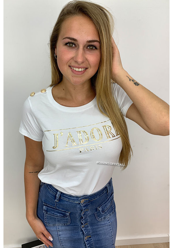 WHITE - 'GOLD JADORE' - GOLD BUTTON TEE