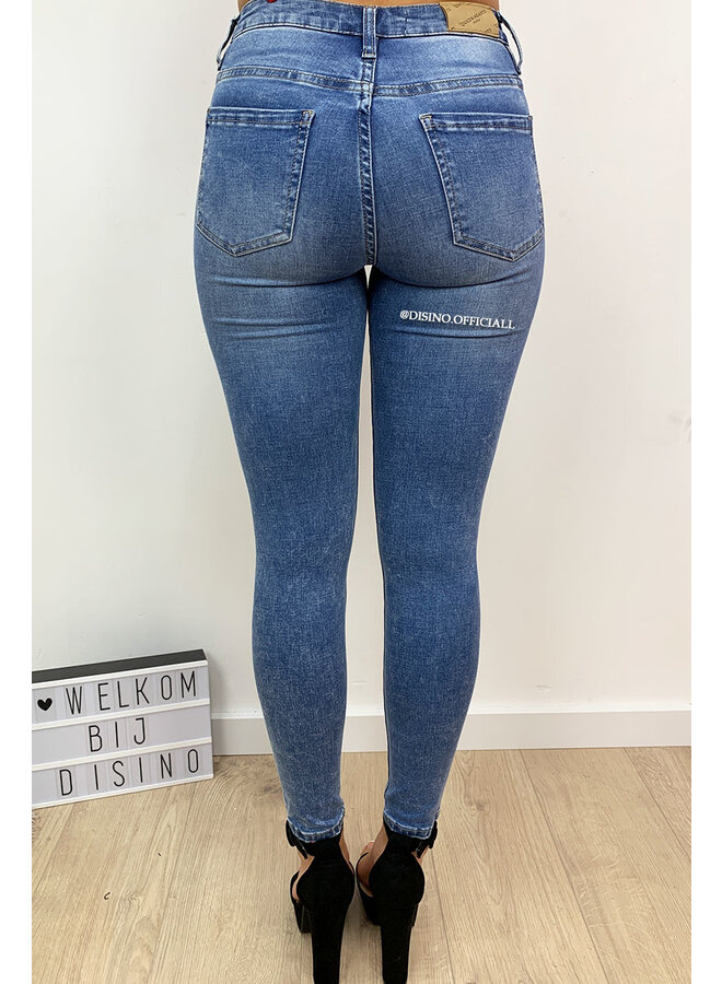 QUEEN HEARTS JEANS - MEDIUM BLUE - HIGH WAIST PINK GRAFFITI JEANS - 646