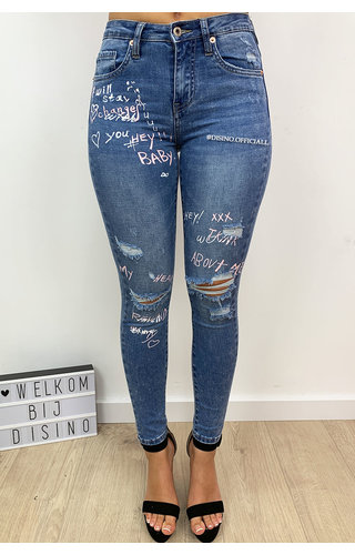 QUEEN HEARTS JEANS - MEDIUM BLUE - HIGH WAIST PINK GRAFFITI JEANS - 646 QUEEN HEARTS JEANS - MEDIUM BLUE - HIGH WAIST PINK GRAFFITI JEANS - 646