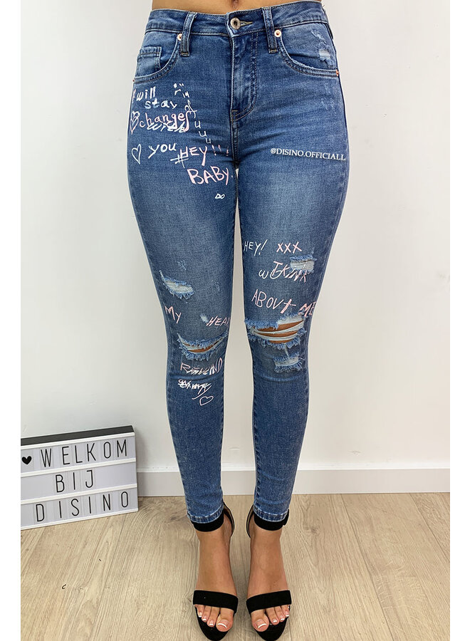 QUEEN HEARTS JEANS - MEDIUM BLUE - HIGH WAIST PINK GRAFFITI JEANS - 646
