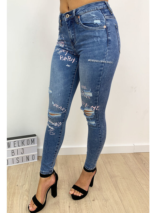 QUEEN HEARTS JEANS - MEDIUM BLUE - HIGH WAIST PINK GRAFFITI JEANS - 646