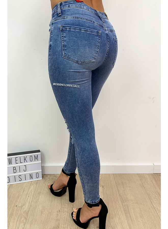 QUEEN HEARTS JEANS - MEDIUM BLUE - HIGH WAIST PINK GRAFFITI JEANS - 646