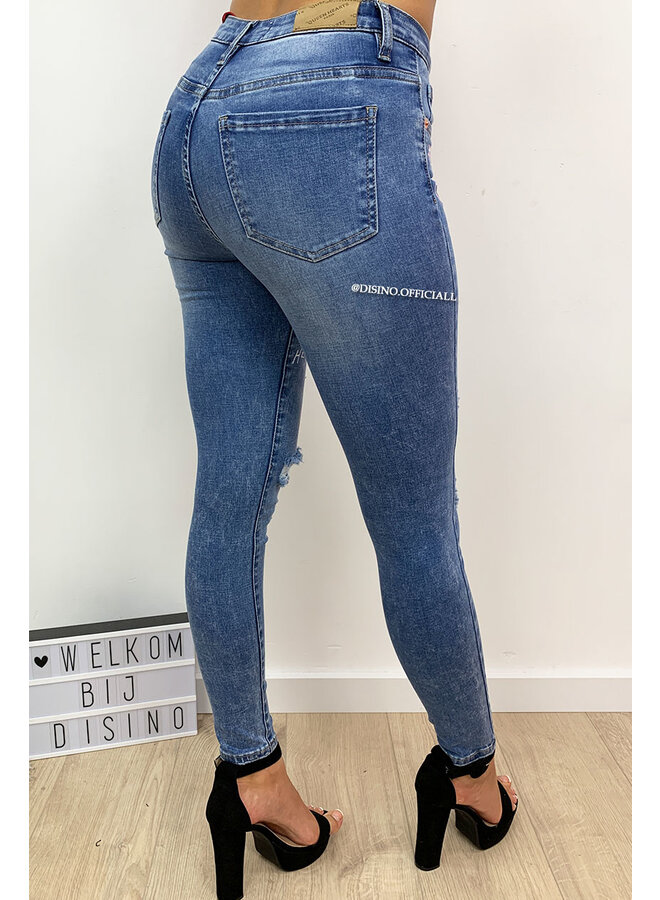QUEEN HEARTS JEANS - MEDIUM BLUE - HIGH WAIST PINK GRAFFITI JEANS - 646