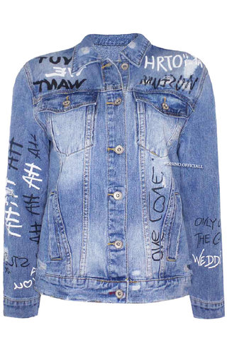 QUEEN HEART - LIGHT BLUE - 'JACKY' - BLACK GRAFFITI DENIM JACKET QUEEN HEART - LIGHT BLUE - 'JACKY' - BLACK GRAFFITI DENIM JACKET