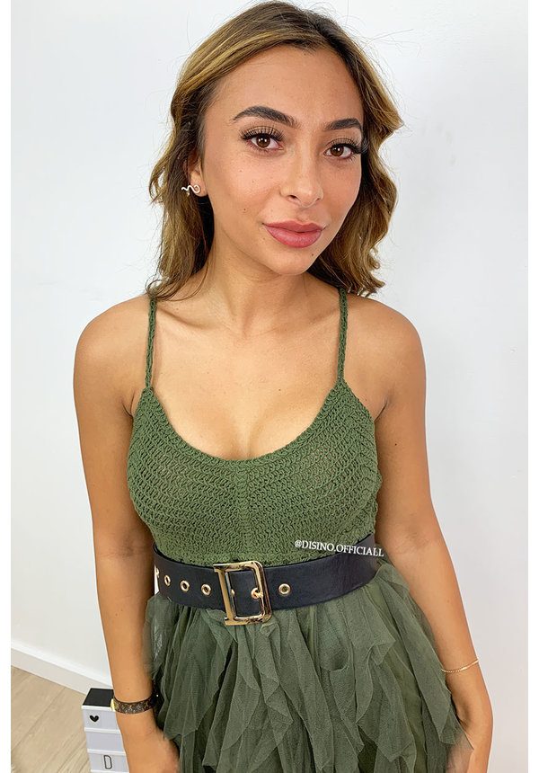 KHAKI GREEN - 'ROCHELLE DRESS' - TULE MESH LAYERED DRESS