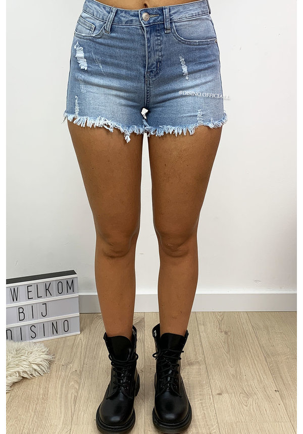 HELLO MISS - LIGHT BLUE - SUPER STRETCH SHORT RIPPED DENIM PANTS - 199