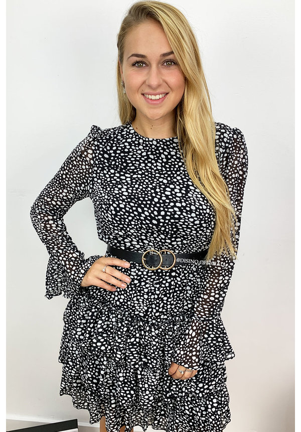 BLACK - 'ILSE' - LEOPARD PRINT LONG SLEEVE RUFFLE DRESS