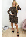 BROWN - 'ILSE' - LEOPARD PRINT LONG SLEEVE RUFFLE DRESS