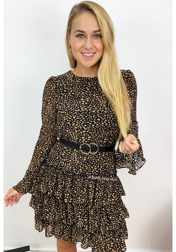 BROWN - 'ILSE' - LEOPARD PRINT LONG SLEEVE RUFFLE DRESS