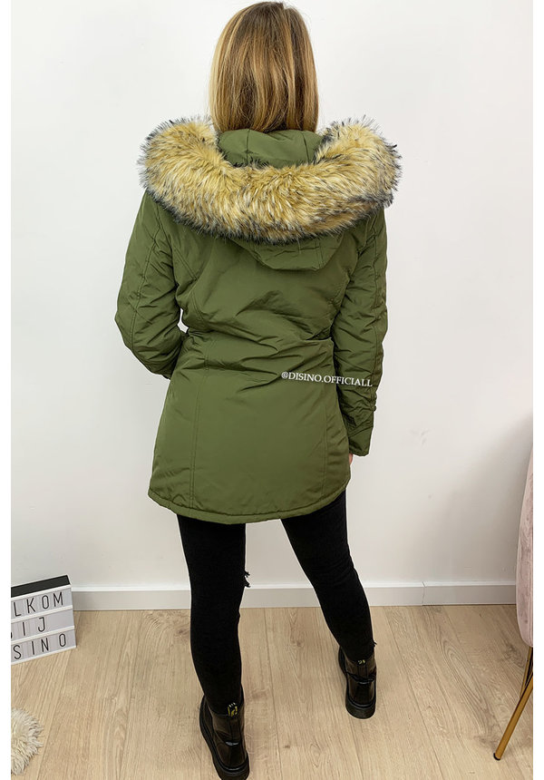 KHAKI GREEN - FUR SLEEVED FORCE WINTER COAT