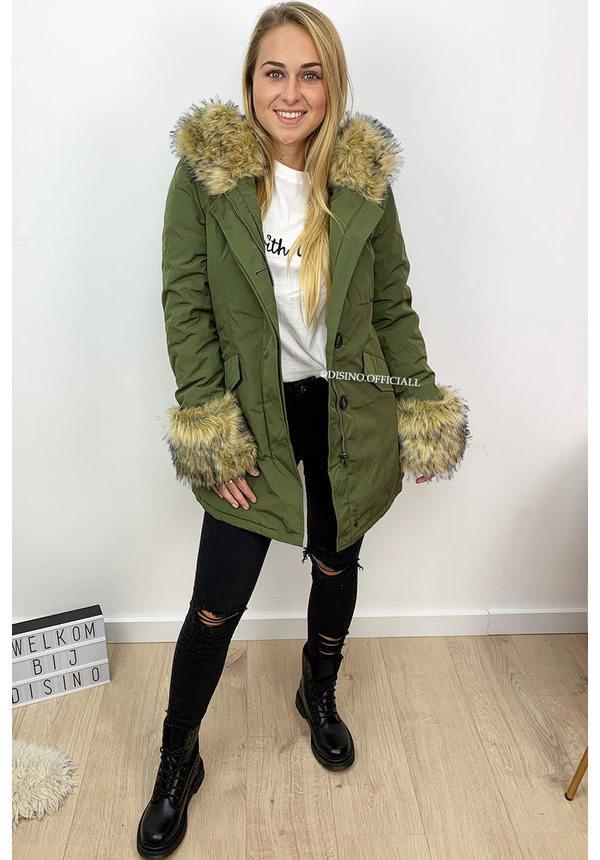 KHAKI GREEN - FUR SLEEVED FORCE WINTER COAT