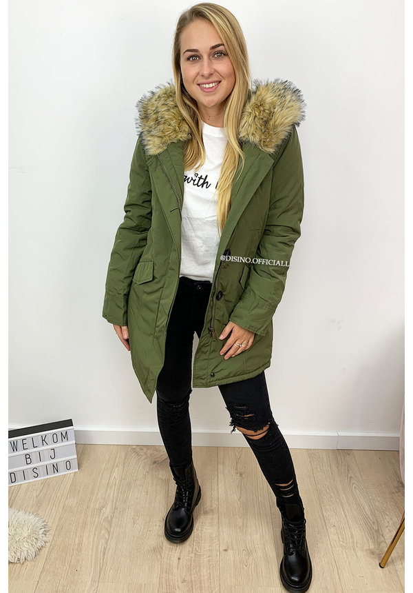 KHAKI GREEN - FUR SLEEVED FORCE WINTER COAT