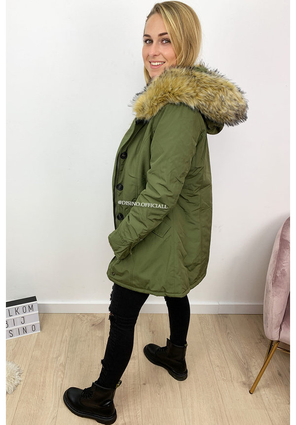 KHAKI GREEN - FUR SLEEVED FORCE WINTER COAT