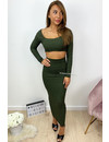 KHAKI GREEN - 'EMILIA' - CLASSY INSPIRED LOGO RIBBED TWO PIECE