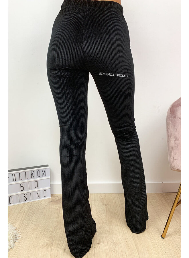 BLACK - 'FAY' - VELVET RIBBED FLARED PANTS FRONT SPLIT