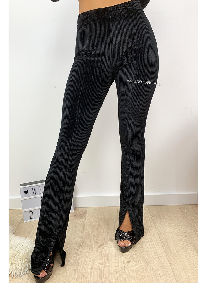 BLACK - 'FAY' - VELVET RIBBED FLARED PANTS FRONT SPLIT