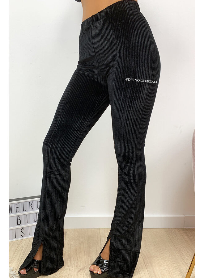 BLACK - 'FAY' - VELVET RIBBED FLARED PANTS FRONT SPLIT