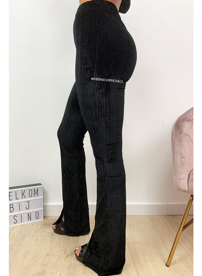 BLACK - 'FAY' - VELVET RIBBED FLARED PANTS FRONT SPLIT