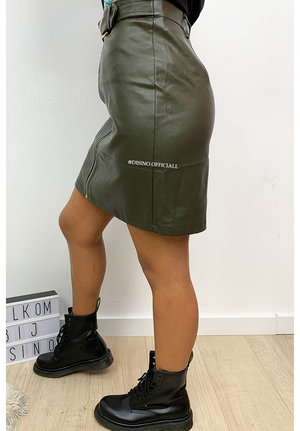 KHAKI GREEN - 'NIKKIE' - DOUBLE BELTED LEATHER SKIRT