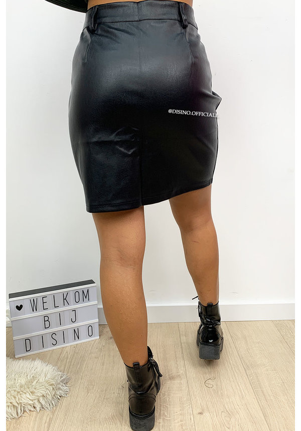 BLACK - 'NIKKIE' - DOUBLE BELTED LEATHER SKIRT