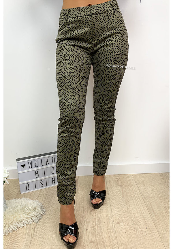 KHAKI GREEN - 'ILONA' - SUEDINE LEOPARD PANTS