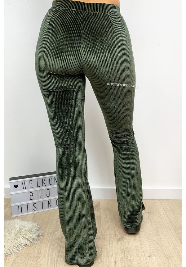 KHAKI GREEN - 'AMBER' - VELVET RIBBED FLARED PANTS