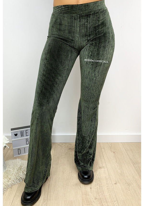 KHAKI GREEN - 'AMBER' - VELVET RIBBED FLARED PANTS