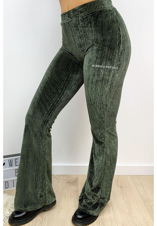 KHAKI GREEN - 'AMBER' - VELVET RIBBED FLARED PANTS