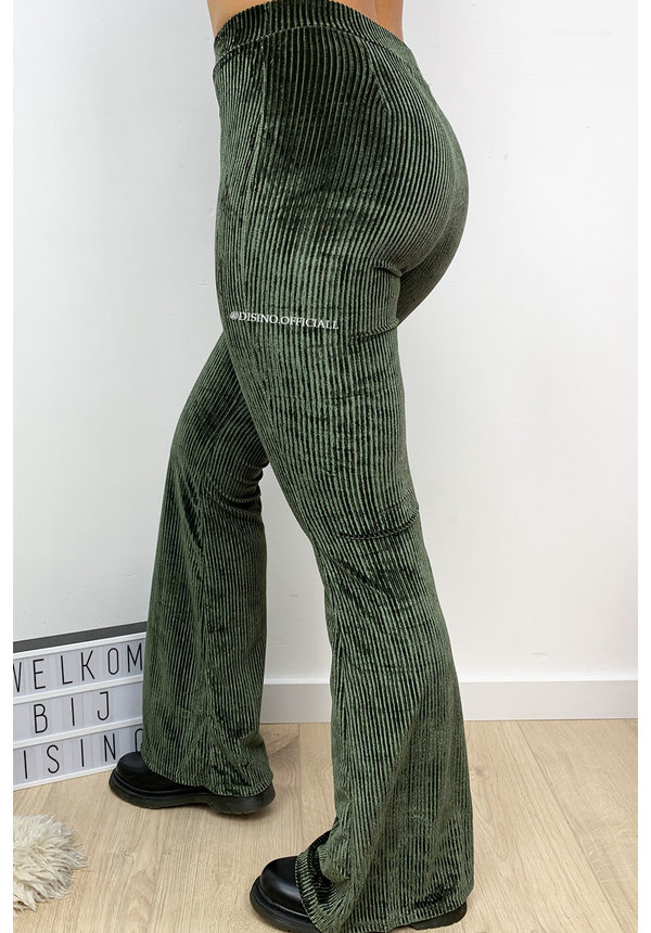 KHAKI GREEN - 'AMBER' - VELVET RIBBED FLARED PANTS