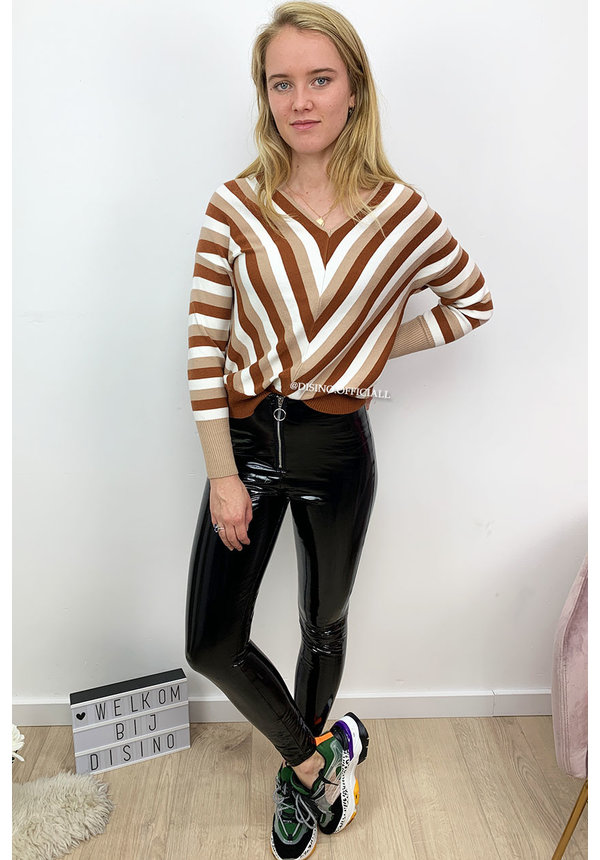 BROWN - 'VERONA' - V NECK STRIPED JUMPER