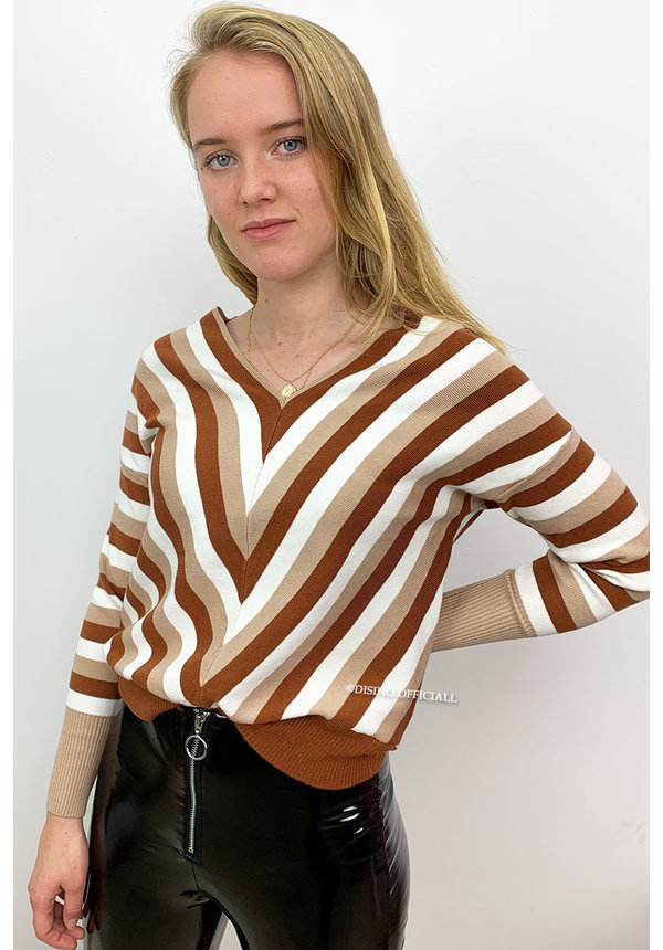 BROWN - 'VERONA' - V NECK STRIPED JUMPER