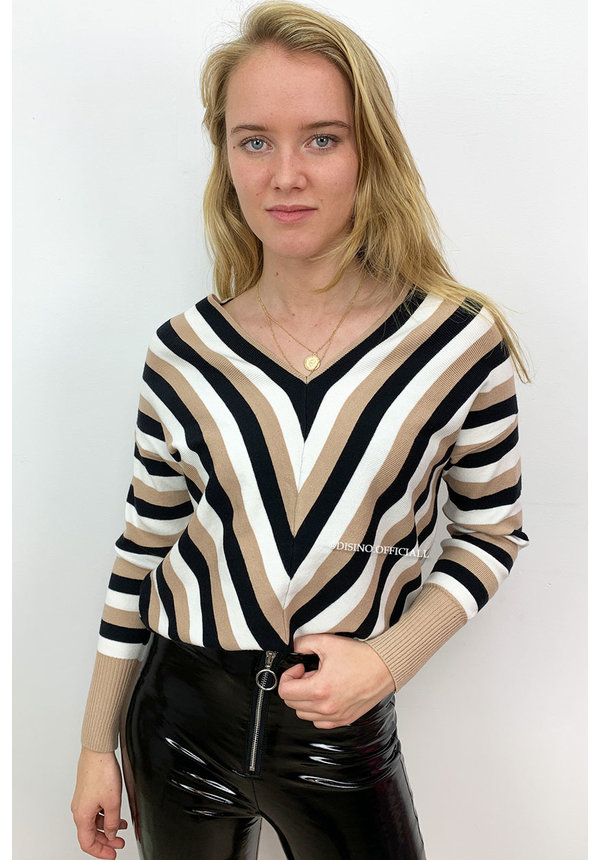 BEIGE - 'VERONA' - V NECK STRIPED JUMPER