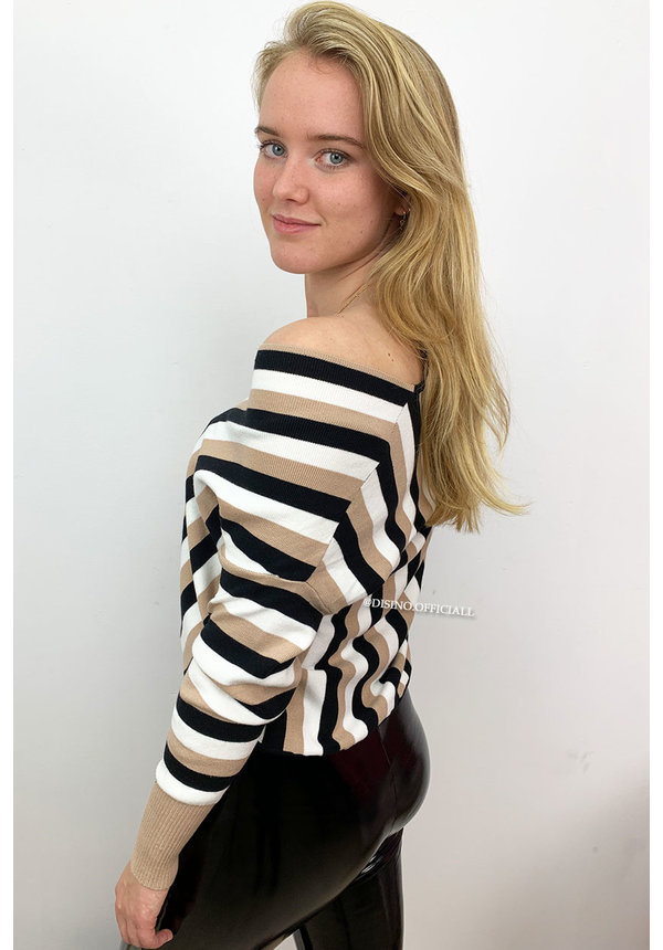 BEIGE - 'VERONA' - V NECK STRIPED JUMPER