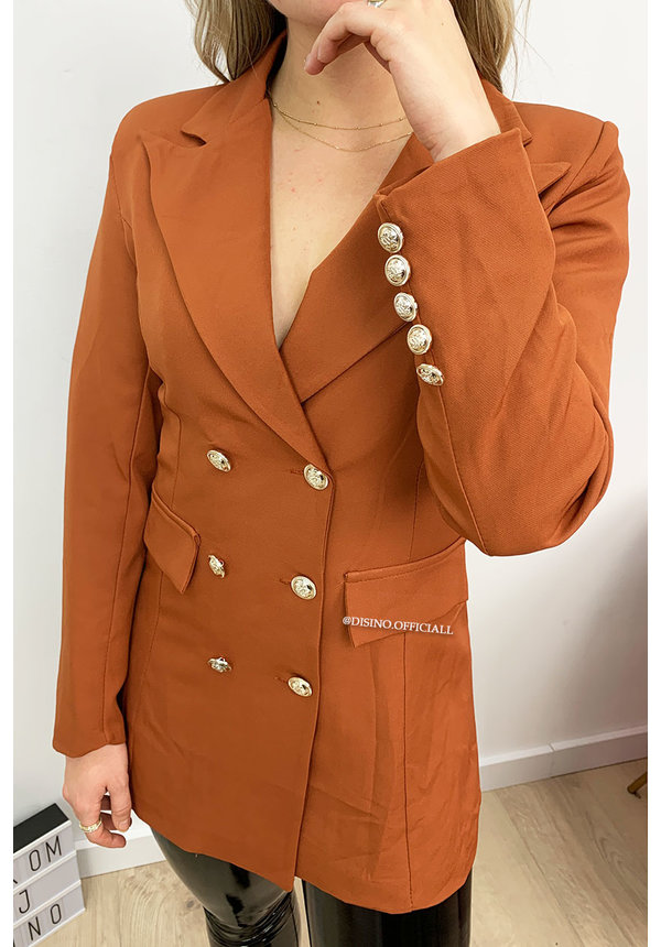 RUST - 'CHRYSTEL' - DOUBLE BREASTED GOLD BUTTON BLAZER DRESS