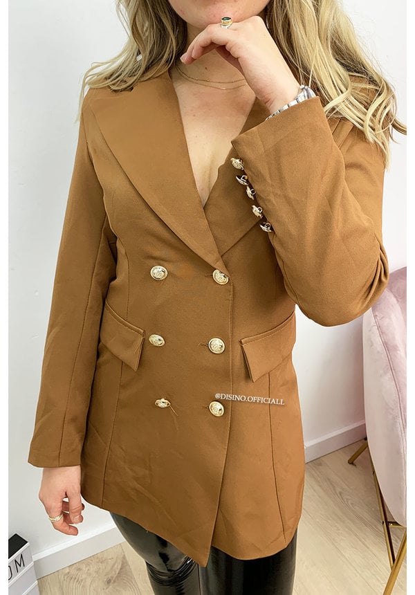 CAMEL - 'CHRYSTEL' - DOUBLE BREASTED GOLD BUTTON BLAZER DRESS