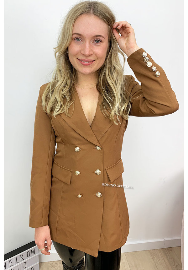 CAMEL - 'CHRYSTEL' - DOUBLE BREASTED GOLD BUTTON BLAZER DRESS